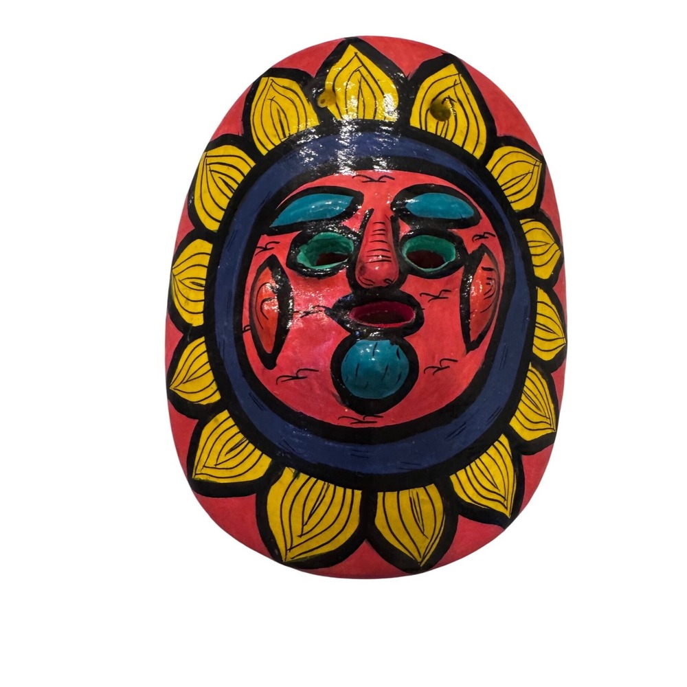 Mexican Folk Art Sun Face Pottery Mask Hand Painted Ceramic Wall Decor 4.5 Inch